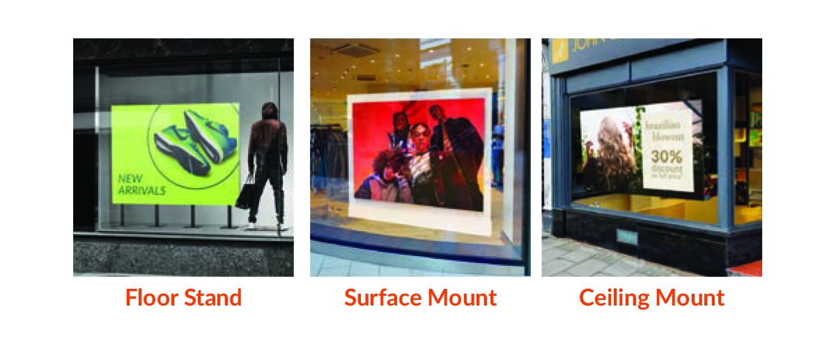 Picture showing the three diferent mounting options for DV-LED Window Displays