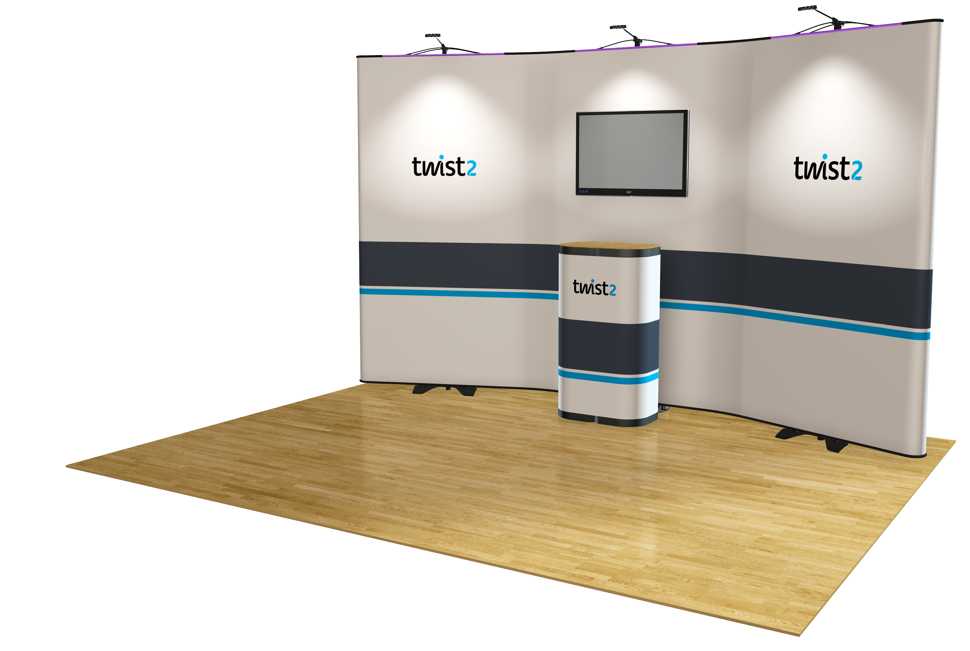 An Example Of Twist 2 Banner Stands and Twist 2 AV Stand Connected Together