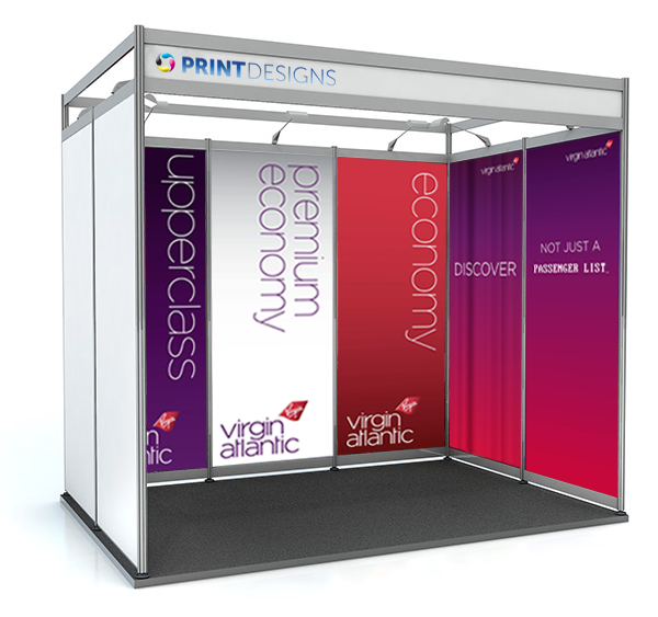 A picture showing individual printed shell scheme graphics on a 3M x 2M shell scheme