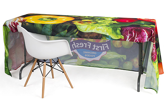 A custom printed tablecloth shown from the rear